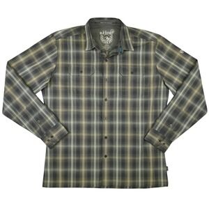 Kuhl Eluxur Mens Large Plaid Long Sleeve Button Down Shirt Olive Green Outdoor